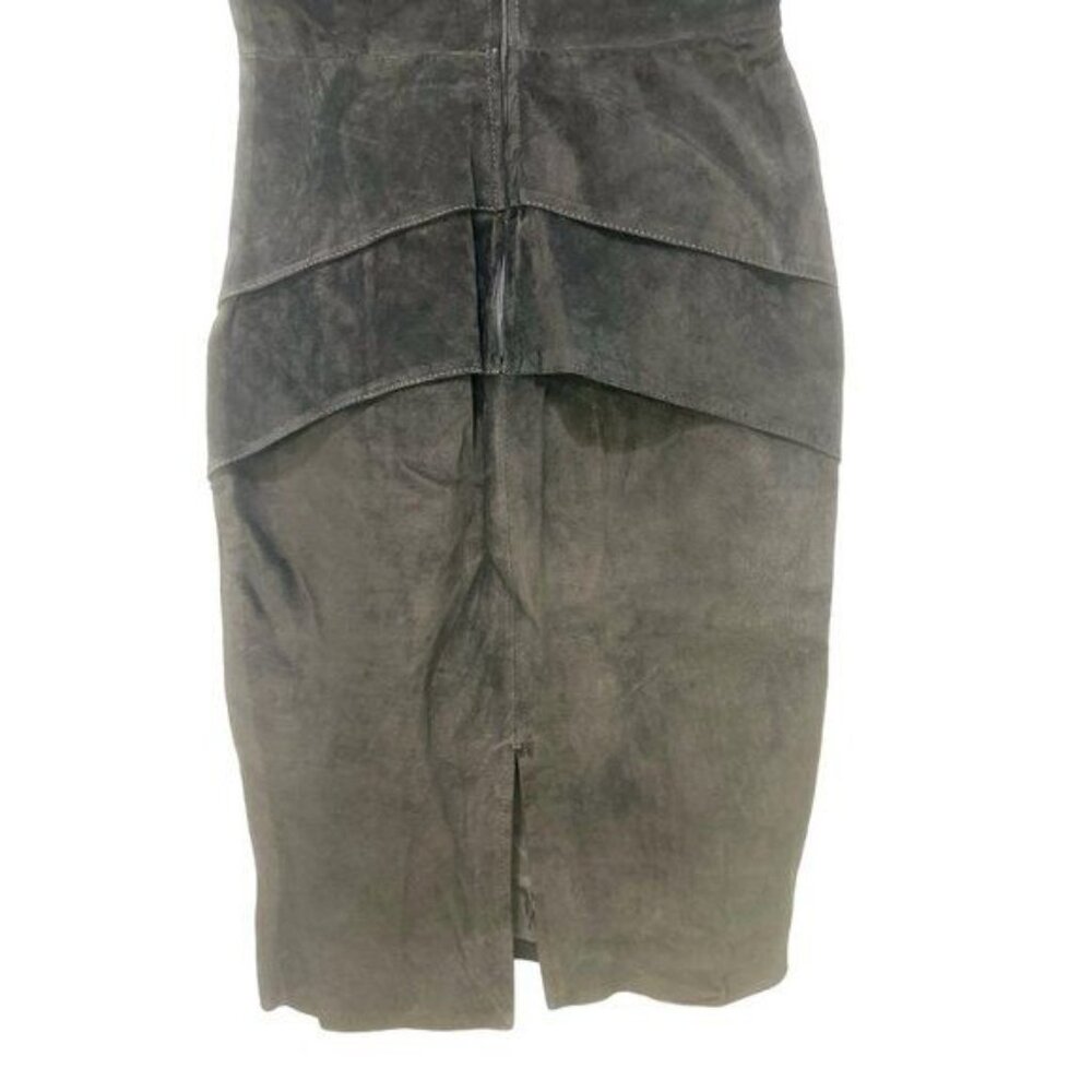 Wimsigoth 100% Suede Leather Dress Womens 6 Black Vintage Midi Ruffle Long Sleev - Picture 6 of 16